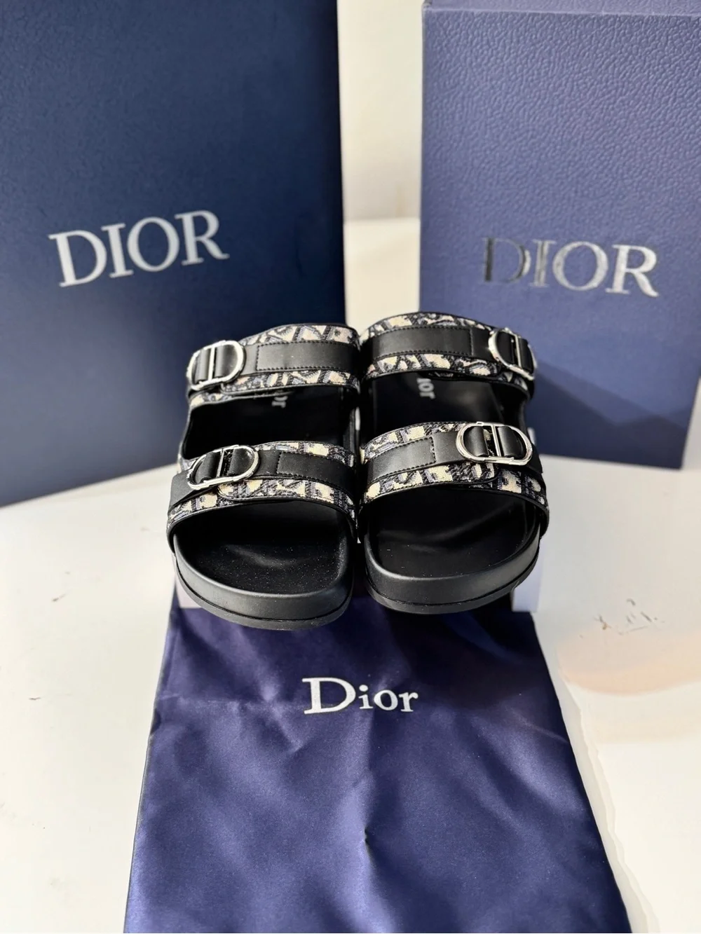 Authentic Dior Oblique Canvas Double-Strap Sandals Come w Original Box & Dustbag